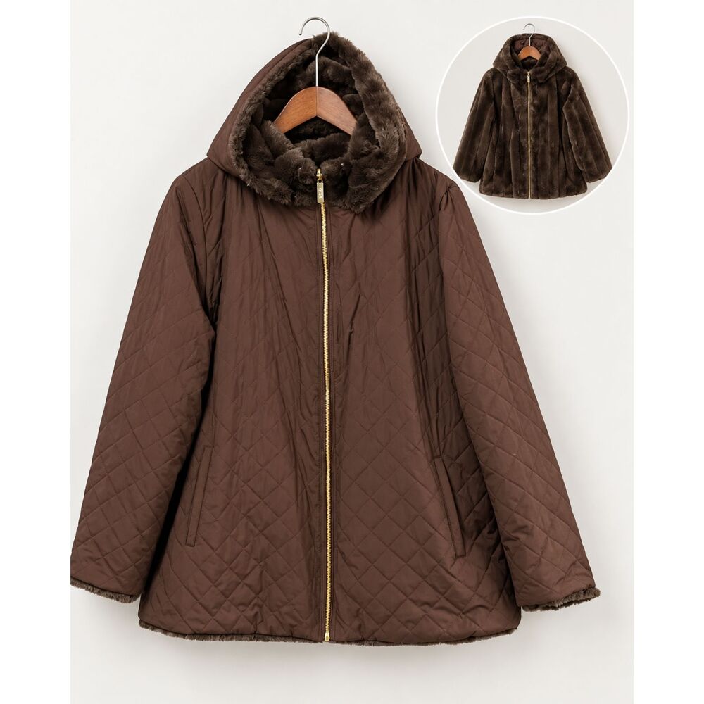 IMAN Women’s XL Reversible Brown Faux Fur Quilted Coat Removable Hood